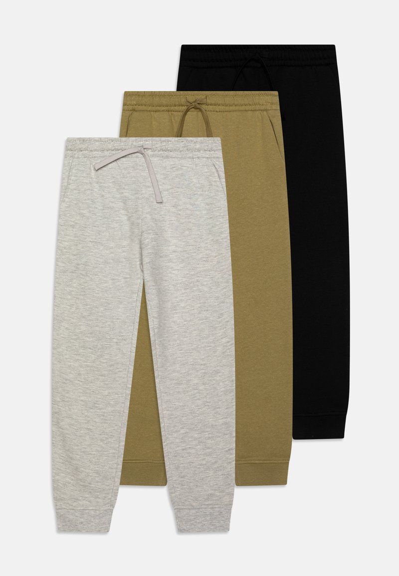 Kolme paria juoksuhousuja: vaaleanharmaa, oliivinvihreä ja musta. Jokaisessa on joustava vyötärö ja kiristysnarut sekä kapenevat lahkeet.