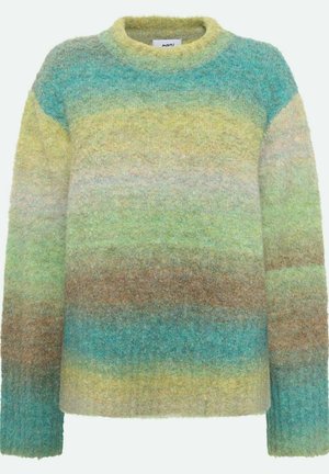 Pull multicolore en matière texturée et duveteuse. Avec des rayures horizontales vertes, bleues et brunes, il présente un col rond et des manches longues.