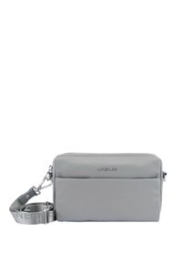 Gray nylon crossbody bag with a zippered closure, front pocket, and adjustable strap. Features metallic hardware and embossed logo.