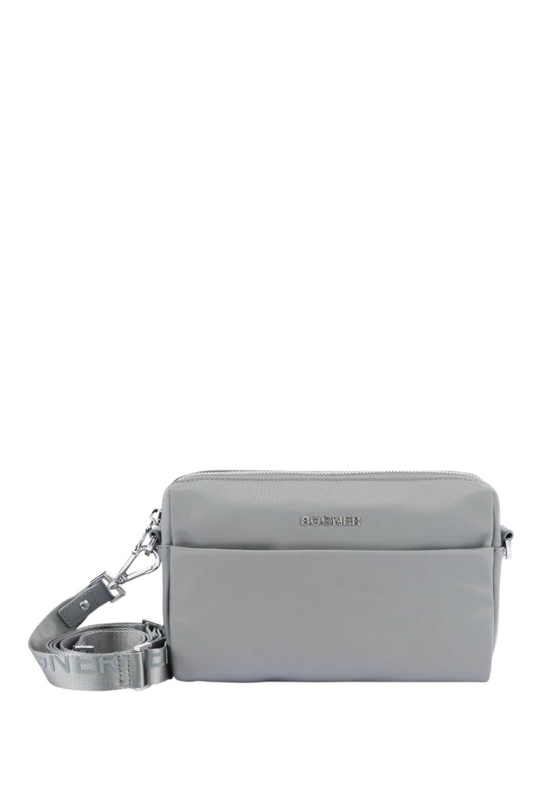 Gray nylon crossbody bag with a zippered closure, front pocket, and adjustable strap. Features metallic hardware and embossed logo.