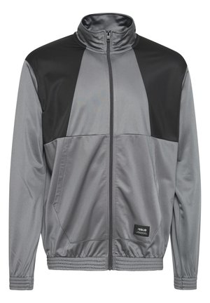 Moška siva trenirka z zadrgo, črne ramenne panele, elastične manšete in rob, ter dvema sprednjima žepoma.