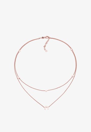 Roséguld halskæde med to lagkæder, prydet med stjerne accenter og en halvmåne vedhæng. Glat tekstur og delikat design.