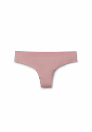 Rosa Tanga aus glattem Stoff, mit minimalistischer Gestaltung, breitem Bund und minimaler Abdeckung hinten.