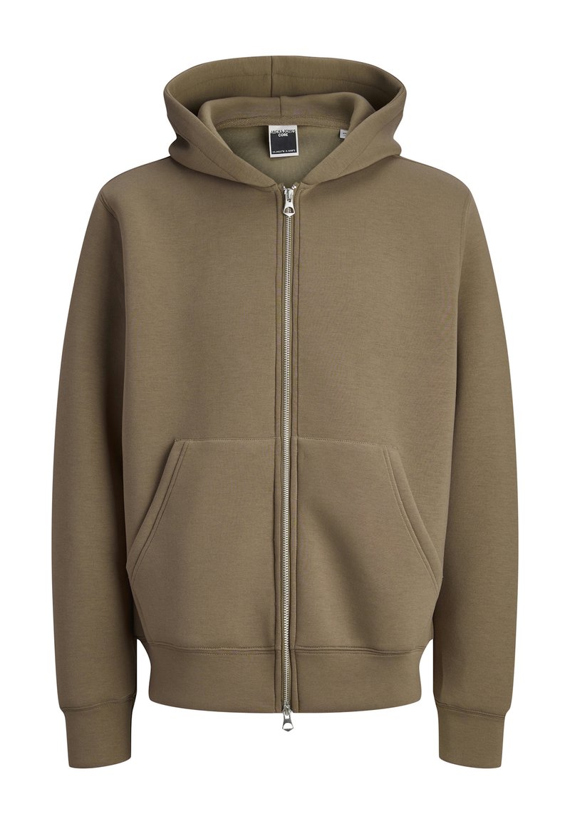 Haut à zip khaki en mélange de coton doux. Il comporte une fermeture éclair à l'avant, deux poches latérales et une capuche spacieuse avec des poignets et un ourlet côtelés.