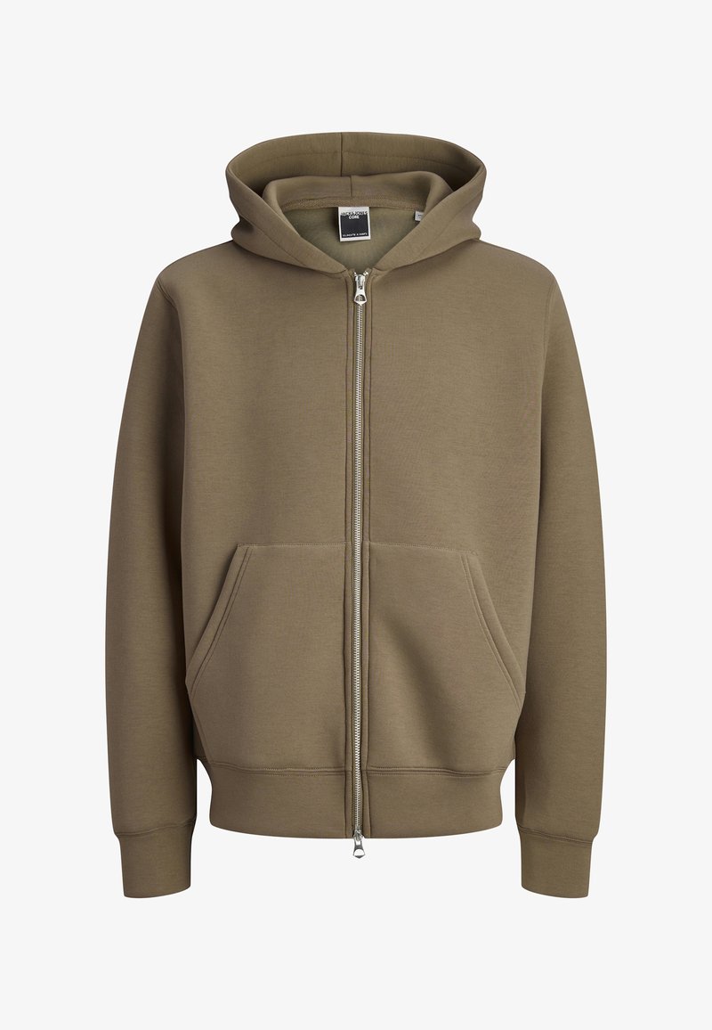 Haut à zip khaki en mélange de coton doux. Il comporte une fermeture éclair à l'avant, deux poches latérales et une capuche spacieuse avec des poignets et un ourlet côtelés.