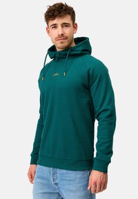 Teal pullover-huppari, jossa on kengurupussi, nyörillinen huppu ja ribbipääntiheys. Rinnassa on pieni kultainen logo.