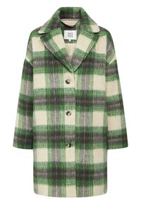 Wool blend plaid coat featuring green, gray, and cream colors, notched collar, dropped shoulders, and four buttons down the front.
