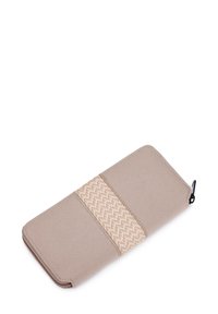Beige wallet made of textured fabric featuring a woven chevron strip in cream and light brown. Includes a black zipper pull.