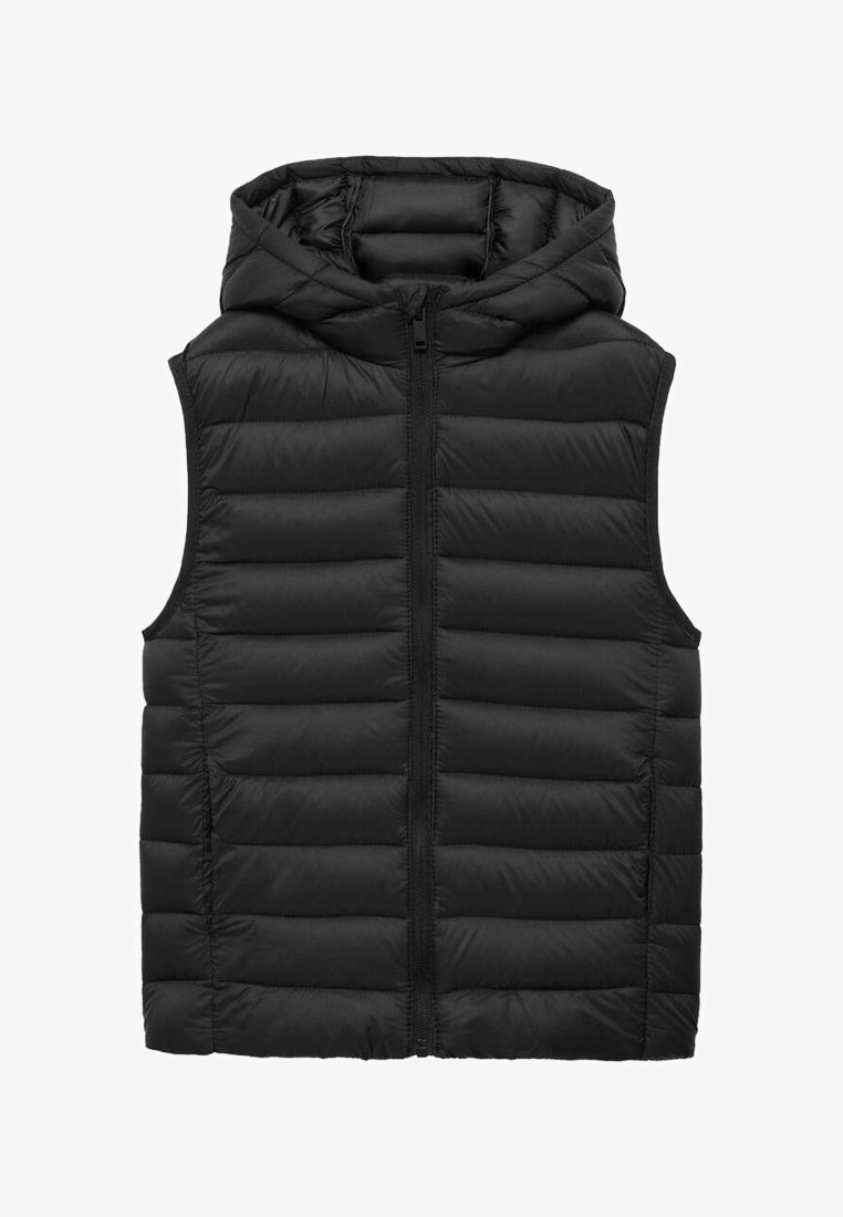 Black padded vest with a hood, featuring a full front zip, horizontal quilted design, and no sleeves, made from lightweight, soft material.