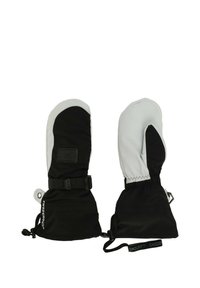 Schwarze und graue Handschuhe mit einem Zugband, innerer Fütterung und einem Logo-Patch, entworfen für den Einsatz bei kaltem Wetter.