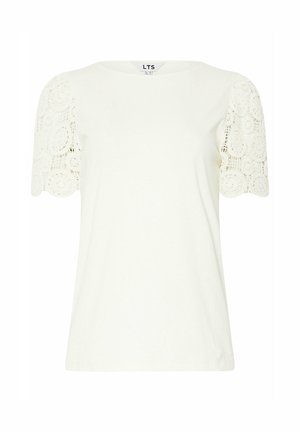 Witte t-shirt met een ronde halslijn, korte mouwen van kant, met een circulair patroon en een textuurdetail op de mouwen.