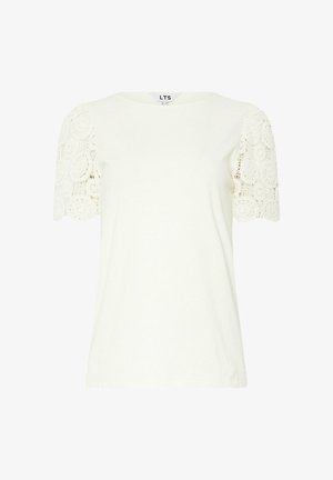 T-shirt bianco con scollatura rotonda, maniche corte in pizzo, caratterizzato da un motivo circolare e dettagli testurizzati sulle maniche.