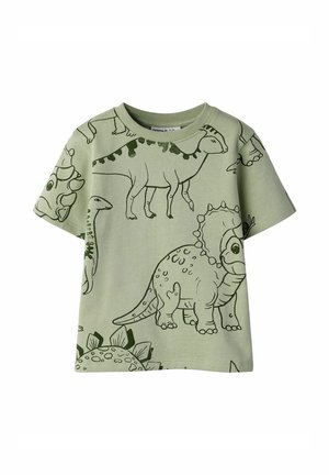 Hellgrünes Kinder-T-Shirt mit dunkelgrünen, cartoonartigen Dinosaurier-Umrissen in verschiedenen Posen, die überall gedruckt sind.