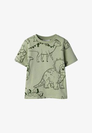 Hellgrünes Kinder-T-Shirt mit dunkelgrünen, cartoonartigen Dinosaurier-Umrissen in verschiedenen Posen, die überall gedruckt sind.