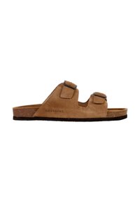 Sandali in suede color sabbia con due cinturini regolabili, una soletta in sughero e una suola in gomma texturizzata. Presentano un marchio sul lato.