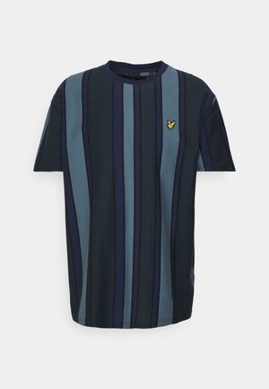 Marineblaue und petrolfarbene kurzärmelige T-Shirt mit Streifen, aus Baumwolle. Verfügt über ein kleines gelbes, gesticktes Logo auf der Brust. Normale Passform und Rundhalsausschnitt.