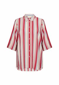 Rot-weißer gestreifter Button-up-Hemd mit Kragen, kurze Ärmel und lässige Passform. Strukturierter Stoff mit vertikalen Linien.