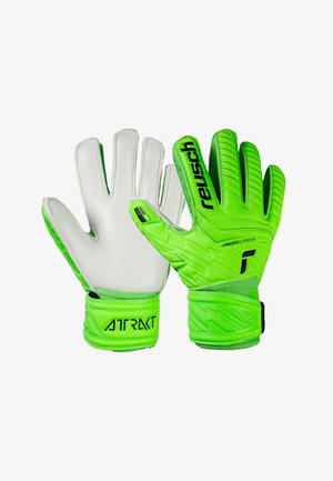 Grønne målmandshandsker med tekstureret greb, hvid latexhåndflade og en kontrasterende sort mærkelogo. Inkluderer justerbar håndledslukning.