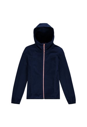 Granatowa kurtka z kapturem, długimi rękawami i różowym zamkiem błyskawicznym z przodu, z dwoma bocznymi kieszeniami.