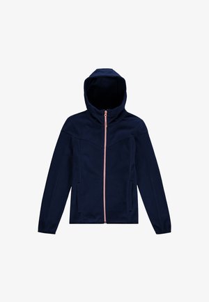 Granatowa kurtka z kapturem, długimi rękawami i różowym zamkiem błyskawicznym z przodu, z dwoma bocznymi kieszeniami.