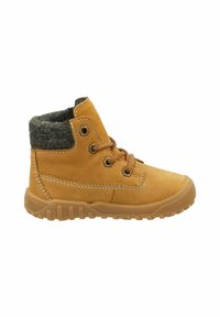 Bota de ante marrón con cuello de fieltro gris, cordones marrones y suela de goma. Presenta detalles de costura y ojales para los cordones.