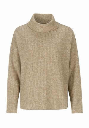 Beiger gestrickter Rippenpullover mit langen Ärmeln, lockerem Sitz und hohem Rollkragen.