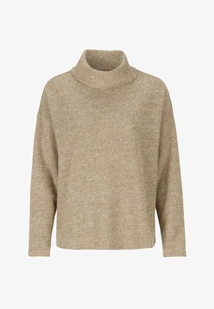 Beige strikket ribbet langærmet sweater med løs pasform og høj rullekrave.