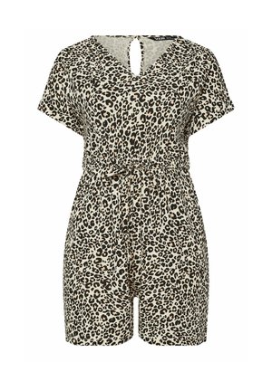 Leopardprint romper in crème, met korte mouwen, een v-hals, een sleutelgatdetail aan de achterkant en een aansluitende taille met een strikceintuur.