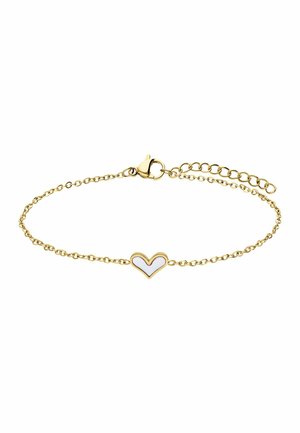 Zartes Armband mit Goldkette und kleinem weißen Emailherz-Anhänger in der Mitte sowie einem Karabinerverschluss mit verstellbaren Gliedern.