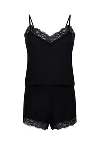 Ensemble de pyjama noir sans manches en satin avec des détails en dentelle florale au niveau du col et de l'ourlet, composé d'un débardeur et d'un short assorti.