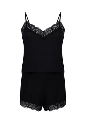 Set di pigiama composto da canotta nera senza maniche con pizzo e pantaloni corti abbinati, caratterizzato da dettagli in pizzo floreale sul collo e sull'orlo.