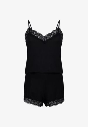 Schwarzes, ärmelloses Top mit Spitzenbesatz und passendem Shorts-Set mit floralen Spitzenakzenten am Ausschnitt und Saum, entworfen als Schlafanzug.