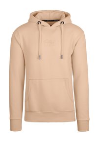 Beige capuchon sweatshirt van zachte stof, met een voorzak, elastische manchetten en een subtiel reliëflogo op de borst.