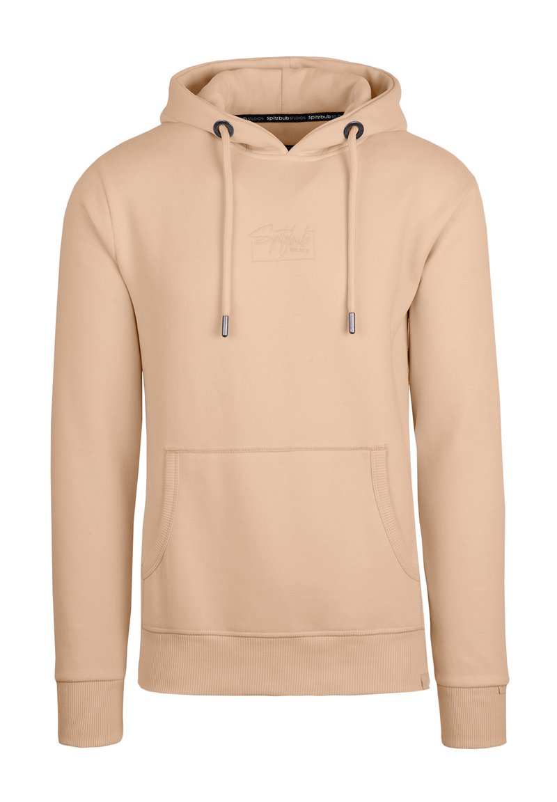 Beige capuchon sweatshirt van zachte stof, met een voorzak, elastische manchetten en een subtiel reliëflogo op de borst.