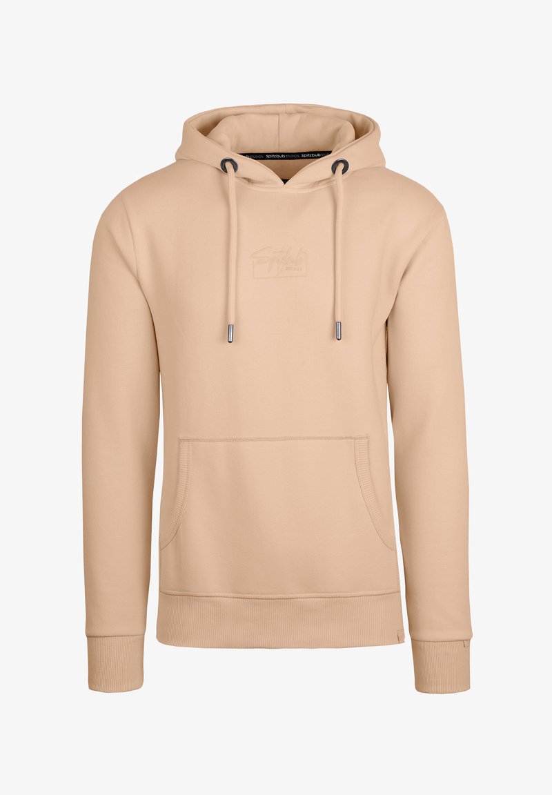 Beige Kapuzenpullover aus weichem Material, mit einer Fronttasche, elastischen Bündchen und einem dezenten geprägten Logo auf der Brust.