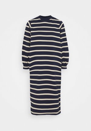 Vestido azul marino con rayas horizontales crema, manga larga abullonada y cuello redondo, confeccionado en una tela suave y elástica.