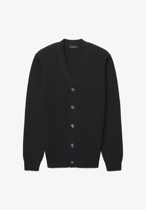 Cardigan nero con scollo a V, motivo a maglia strutturata e sei bottoni sul davanti. Presenta polsini e orlo a coste.