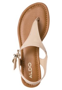 Sandale beige en cuir verni avec lanière entre les orteils, bride cheville et boucle sur semelle marron rembourrée avec logo ALDO.