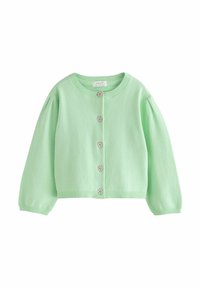 Lichtgroene cardigan met lange pofmouwen, geribbelde manchetten en zoom, met bloemvormige knopen aan de voorkant. Zacht gebreid materiaal.
