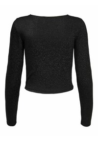 Svart långärmad topp med en åtsittande design, tillverkad av ett glittrande strukturerat tyg, med rund halsringning och kortad nederkant.
