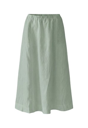 Light green, knee-length skirt with an elastic waistband and a slightly flared, A-line shape.