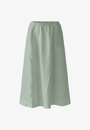 Jupe vert clair, longueur genou, avec une ceinture élastique et une forme légèrement évasée en ligne A.