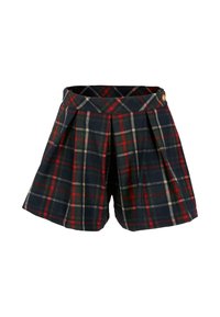 Shorts à motif tartan en mélange de laine, avec plis, base bleu marine foncé et accents de rouge et vert. Taille avec fermeture boutonnée.