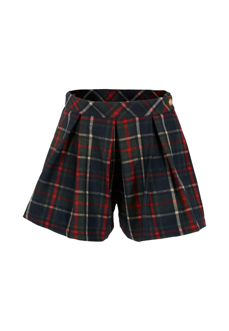 Shorts à motif tartan en mélange de laine, avec plis, base bleu marine foncé et accents de rouge et vert. Taille avec fermeture boutonnée.