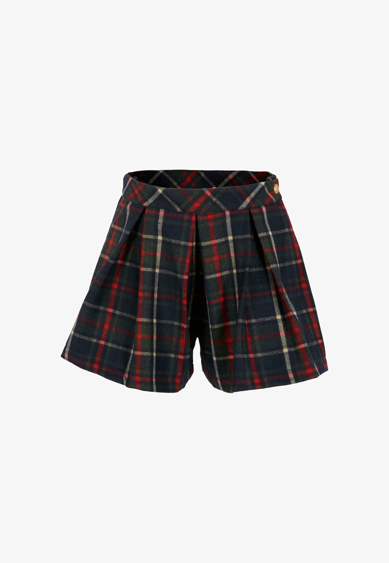 Shorts à motif tartan en mélange de laine, avec plis, base bleu marine foncé et accents de rouge et vert. Taille avec fermeture boutonnée.