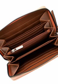 Zip-around wallet with brown leather interior, multiple card slots, and a central zipped pocket. Features contrasting orange and black accents.