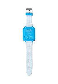 Orologio in silicone blu con cinturino bianco caratterizzato da un motivo a griglia testurizzato. Il pannello posteriore presenta il marchio e le informazioni normative.
