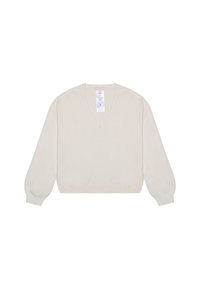 Pull en maille beige clair avec un col en V, des manches longues en forme de ballon et une texture légèrement mouchetée. Comprend une étiquette d'entretien au niveau du col.