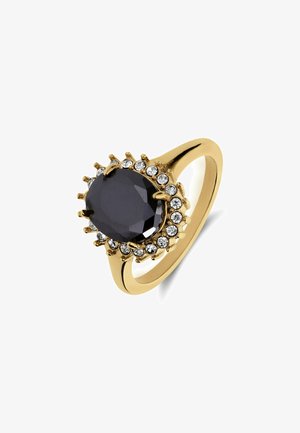 Goudkleurige ring met een grote, ovale zwarte steen, omringd door een halo van heldere stenen. Gladde band met een gepolijste afwerking.