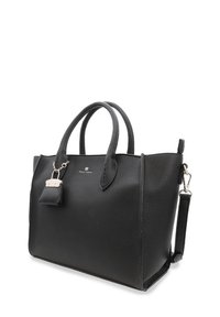 Czarna skórzana torba tote o teksturowanym wykończeniu, z podwójnymi uchwytami i odczepianym paskiem na ramię. Posiada metalowy urok z zamkiem z boku.